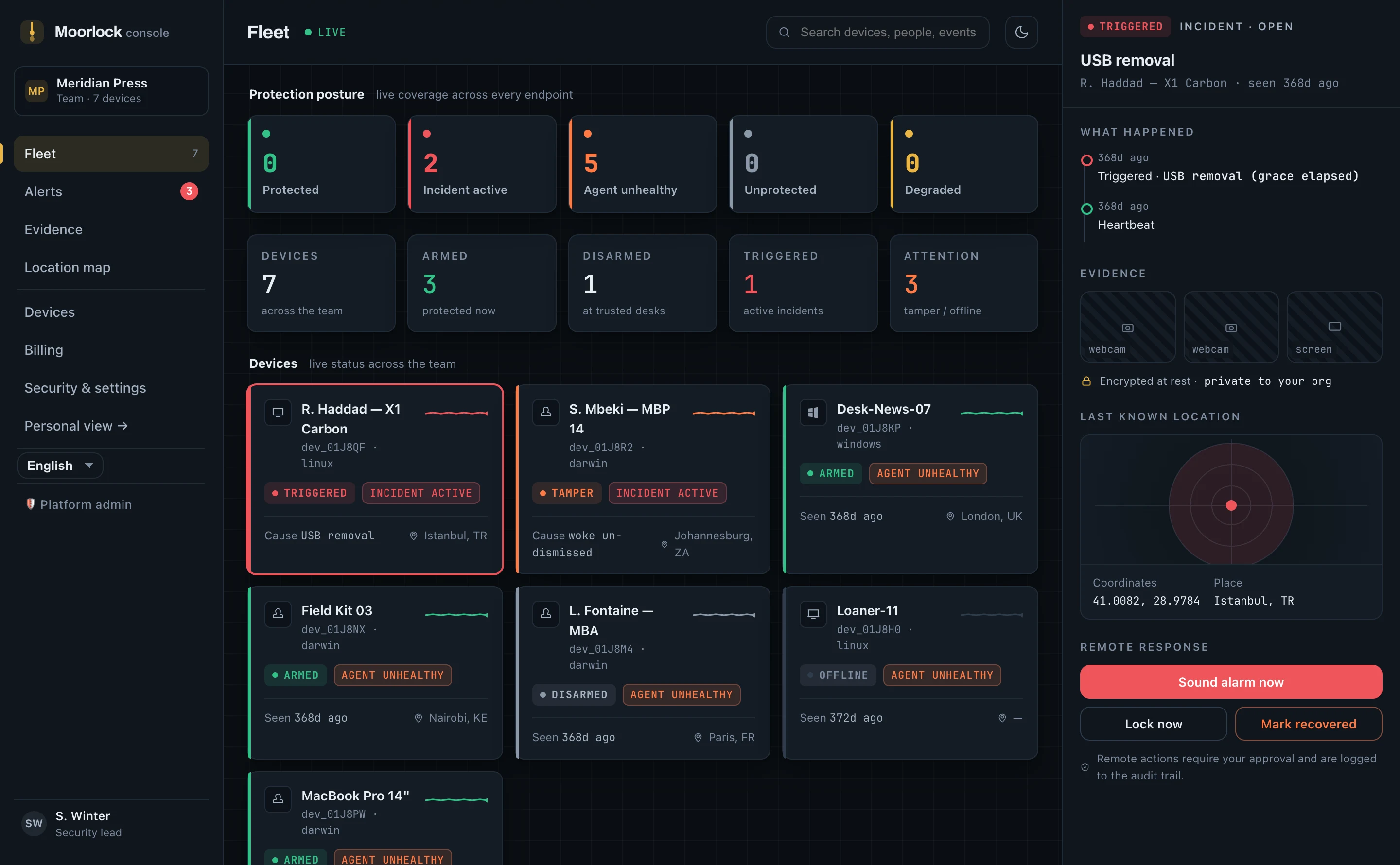 Moorlock team console showing fleet protection posture, the device list and an open incident with evidence and location